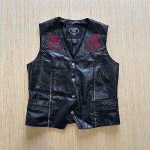 Diamond Plate Black Leather Moto Vest With Embroidered Roses